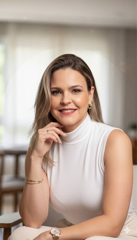 Retrato profissional de Andrea Oliveira com iluminação suave, fundo neutro e profundidade de campo rasa.